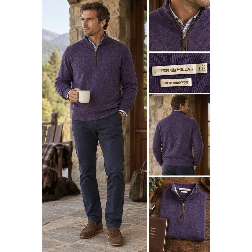 Peter Millar Autumn Crest Suede Trim Quarter-Zip Sweater Large 100% Merino Wool